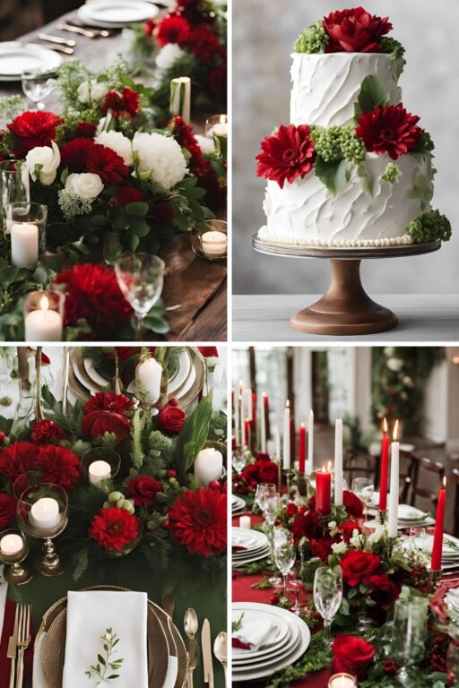 A photo collage of red, green, and white wedding color ideas.