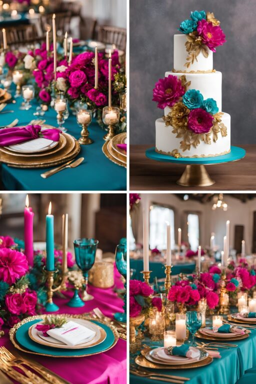 A photo collage of teal blue, fuchsia pink, and gold wedding color ideas.