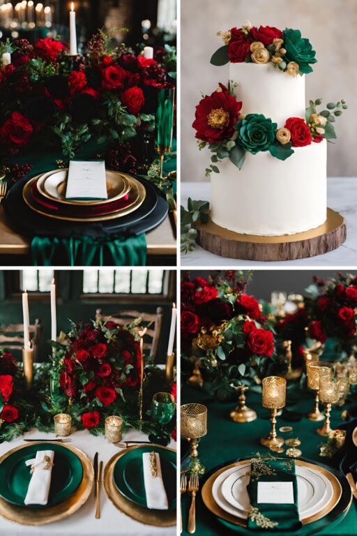 A photo collage of emerald green, red, black, and gold wedding color ideas.