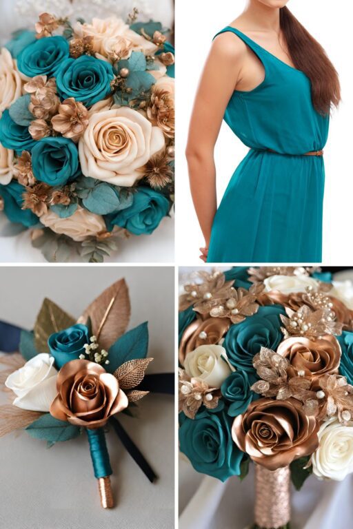 A photo collage of teal and rose gold wedding color ideas.