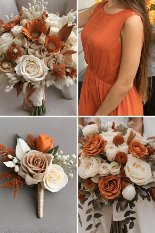 A photo collage of rust orange, beige, and cream wedding color ideas.