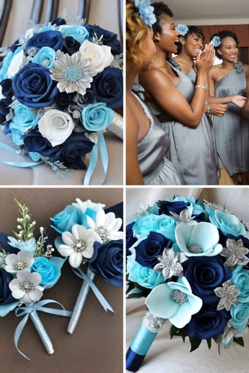 A photo collage of light cyan blue, navy blue, and silver wedding color ideas.