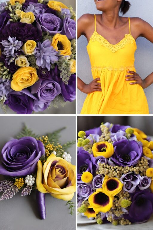 A photo collage of purple and yellow wedding color ideas.