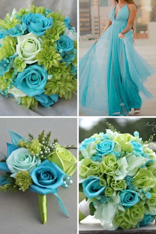 A photo collage of aqua and lime green wedding color ideas.