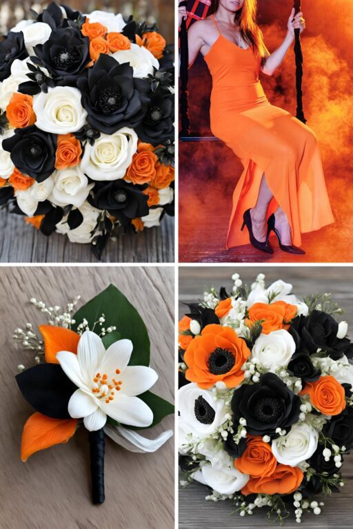 A photo collage of black and white wedding color ideas with a pop of orange.