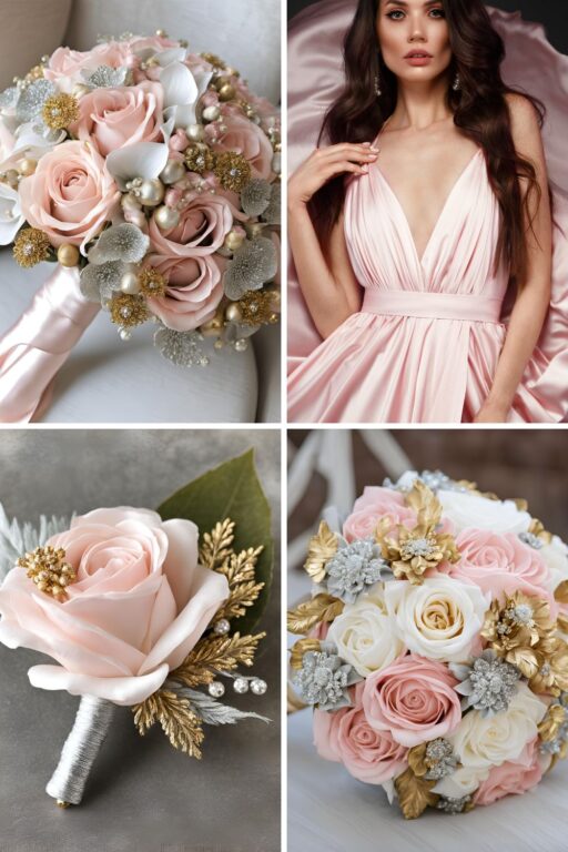 A photo collage of light pink, silver, and gold wedding color ideas.