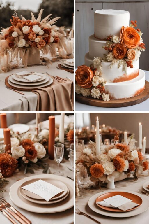 A photo collage of rust orange, beige, and cream wedding color ideas.