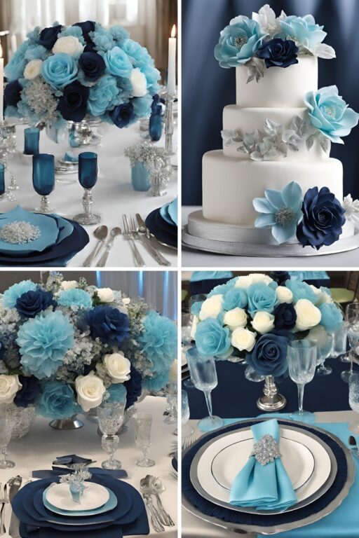 A photo collage of light cyan blue, navy blue, and silver wedding color ideas.