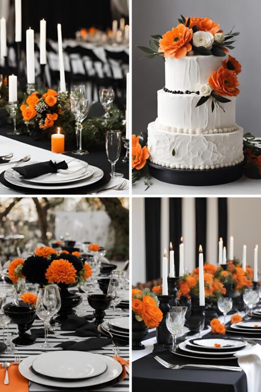 A photo collage of black and white wedding color ideas with a pop of orange.