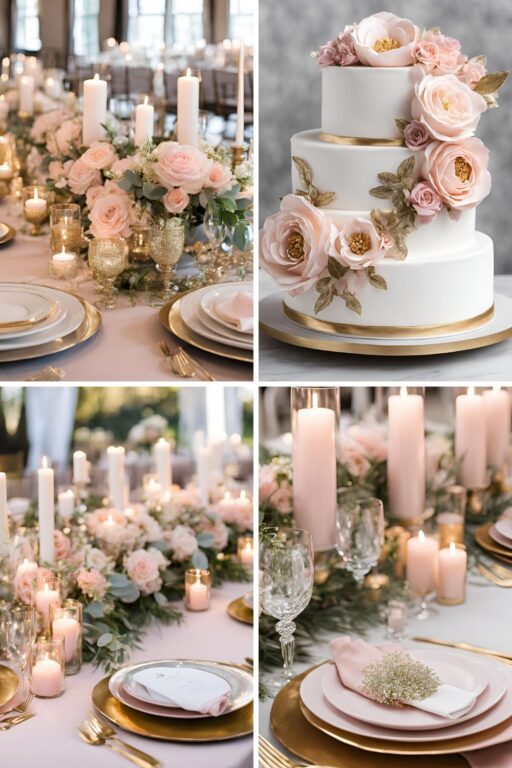 A photo collage of light pink, silver, and gold wedding color ideas.