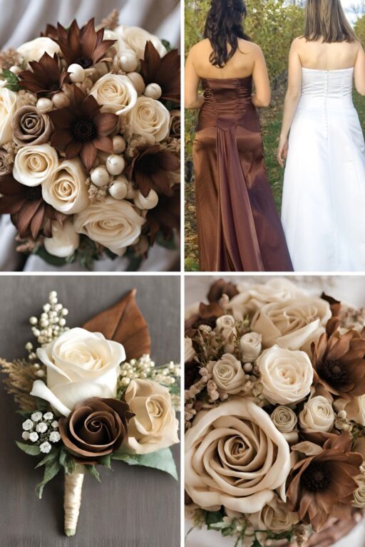 A photo collage of brown, beige, and champagne wedding color ideas.