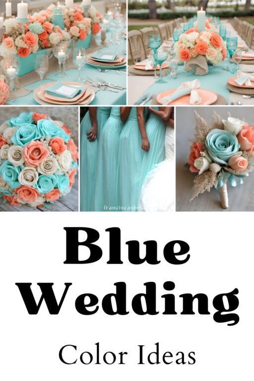 A photo collage of blue and coral wedding color ideas.