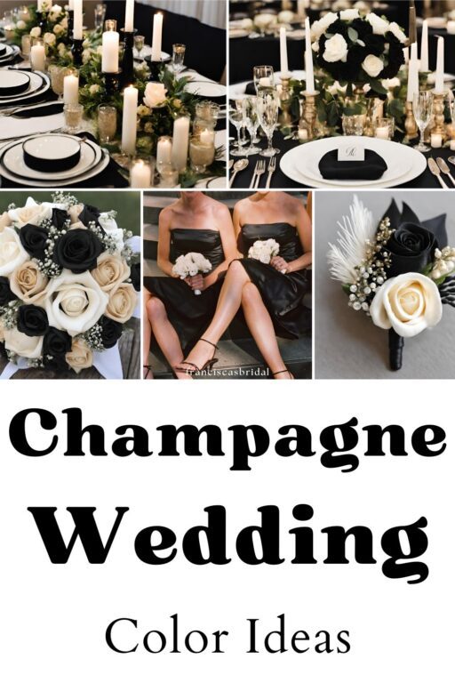 A photo collage of champagne and black wedding color ideas.