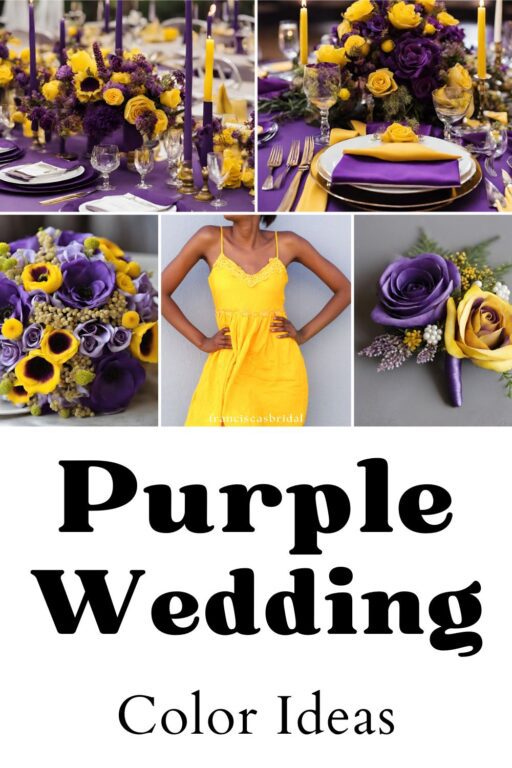 A photo collage of purple wedding color ideas.