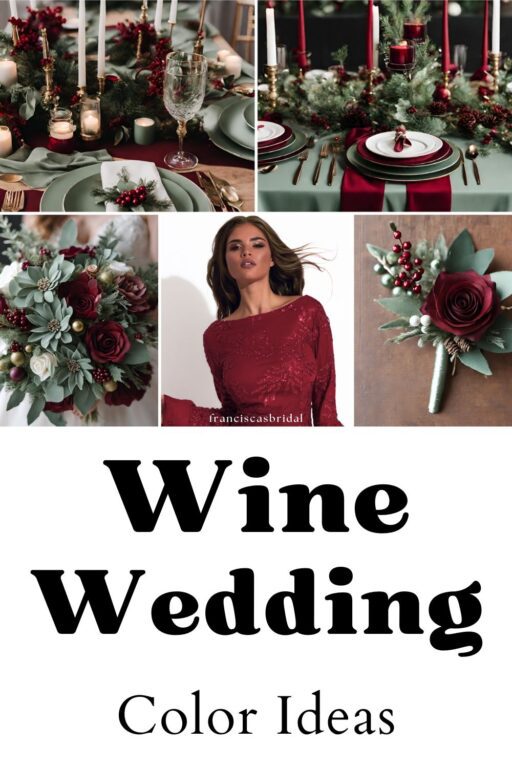A photo collage of sage green and wine red wedding color ideas.