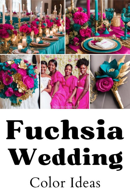 A photo collage of teal and fuchsia wedding color ideas.