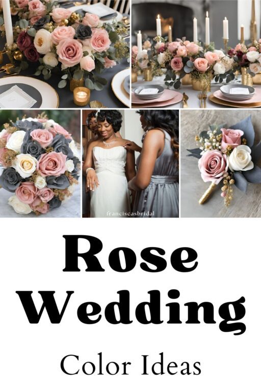 A photo collage of old rose and grey wedding color ideas.