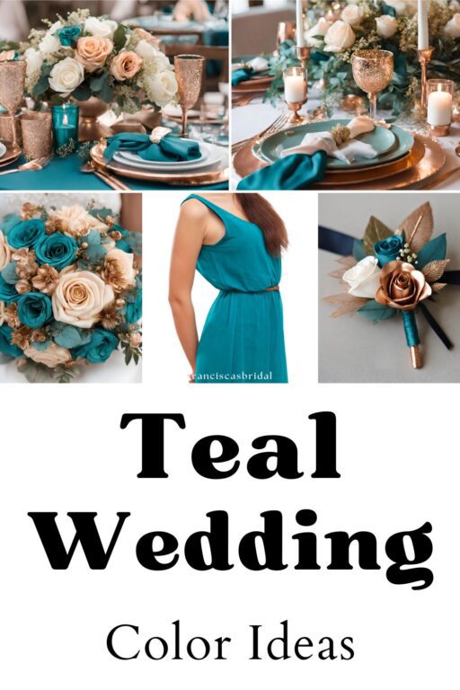 A photo collage of teal wedding color ideas.