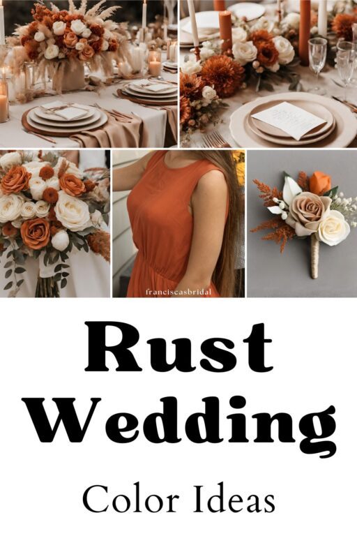 A photo collage of rust orange wedding color ideas.