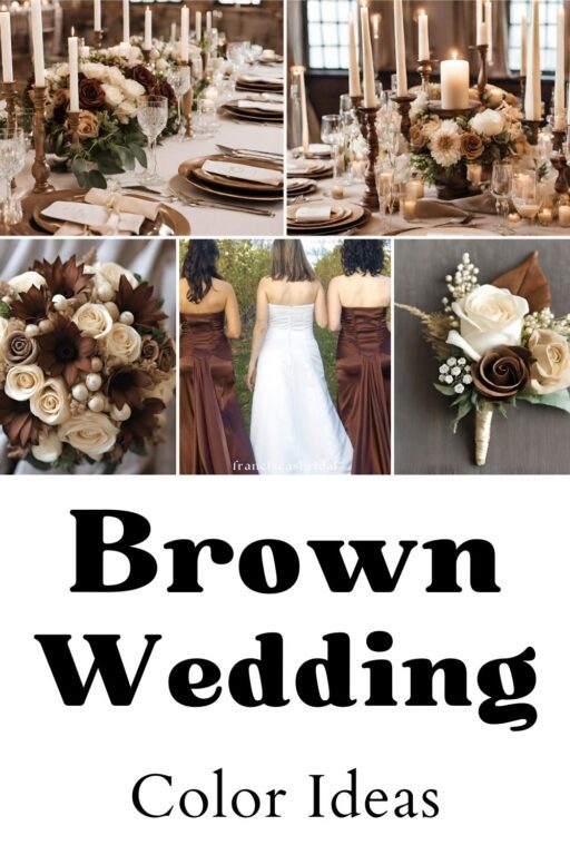 A photo collage of brown wedding color ideas.