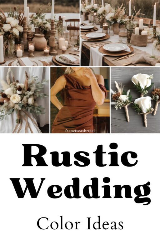 A photo collage of rustic boho wedding color ideas.