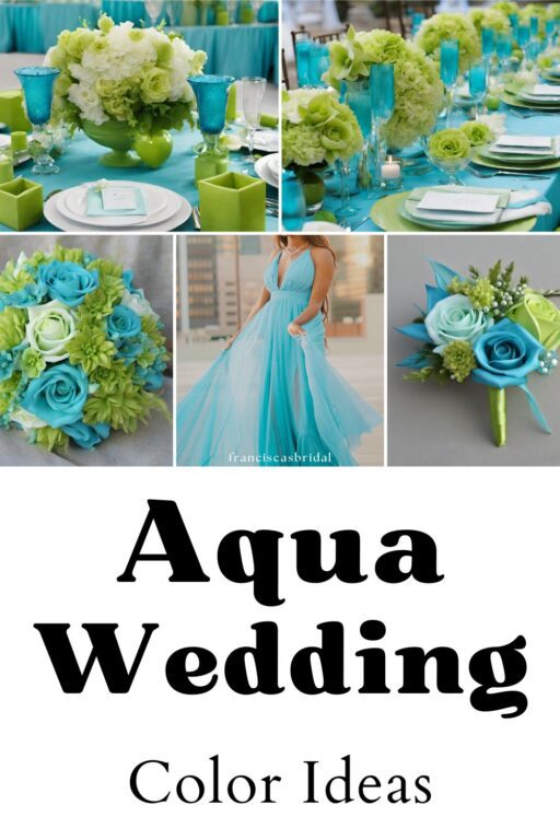 A photo collage of aqua wedding color ideas.