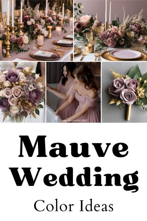 A photo collage of mauve wedding color ideas.