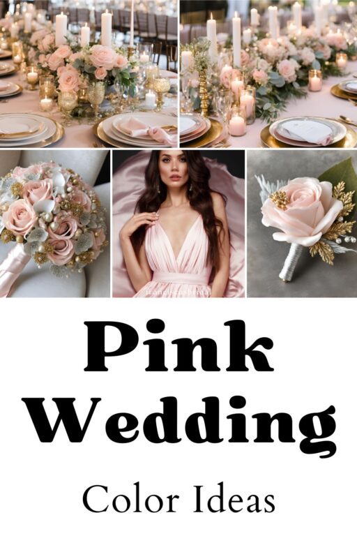 A photo collage of light pink wedding color ideas.