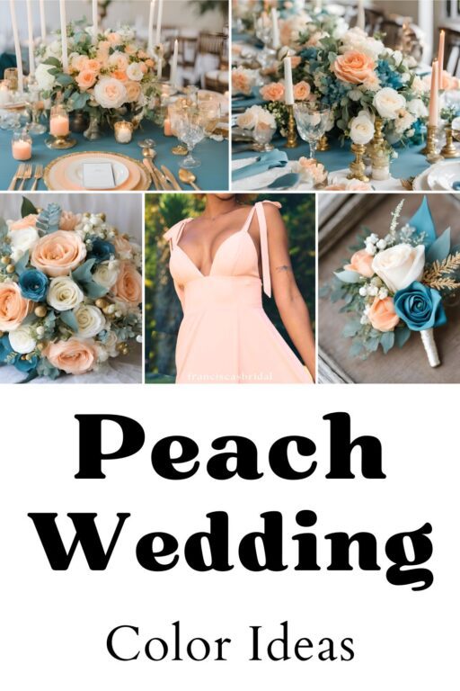 A photo collage of pastel peach and teal wedding color ideas.