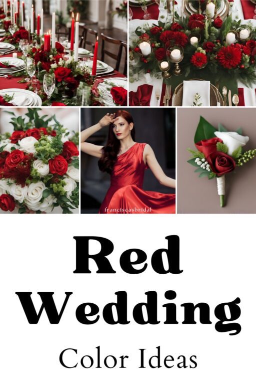 A photo collage of red and green wedding color ideas.