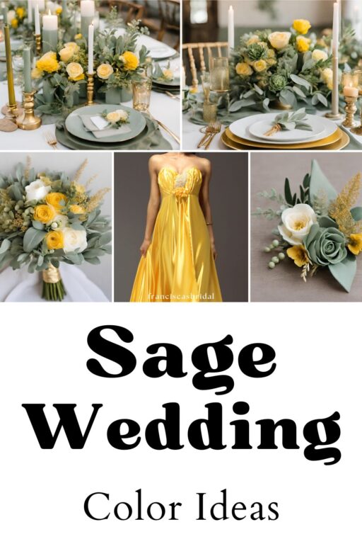 A photo collage of sage green and yellow wedding color ideas.