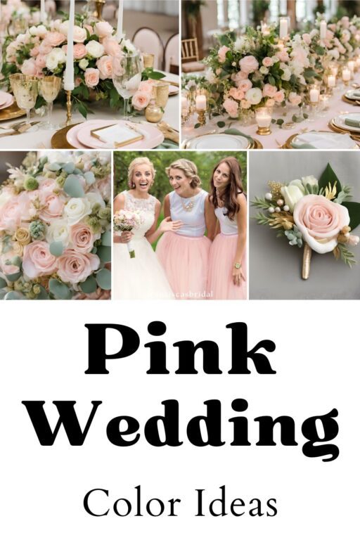 A photo collage of pastel pink wedding color ideas.