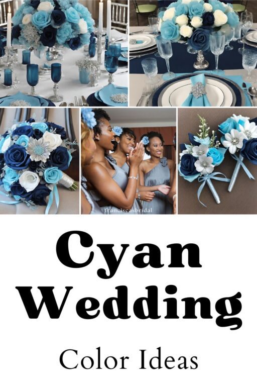 A photo collage of light cyan and navy blue wedding color ideas.