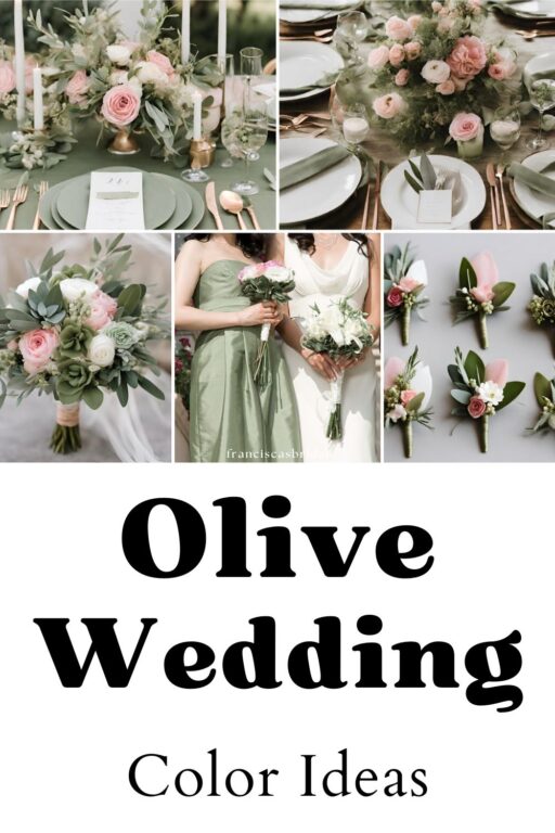 A photo collage of olive and sage wedding color ideas.