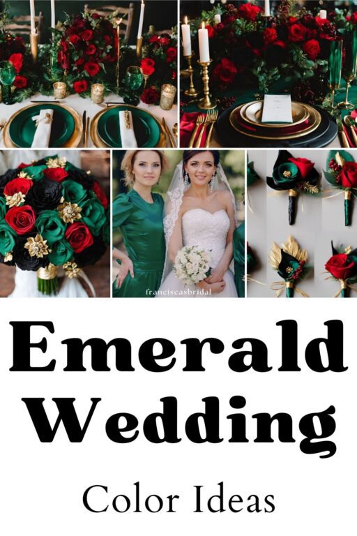 A photo collage of emerald and red wedding color ideas.