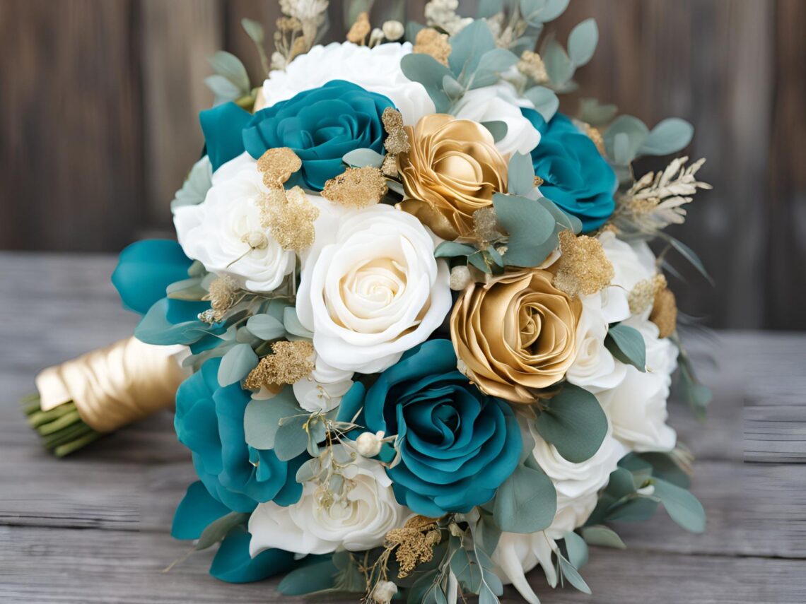 A teal blue and gold colored wedding bouquet.