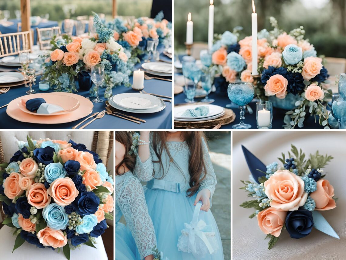 A photo collage of light cyan blue, navy blue, and peach wedding color ideas.