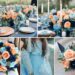 A photo collage of light cyan blue, navy blue, and peach wedding color ideas.