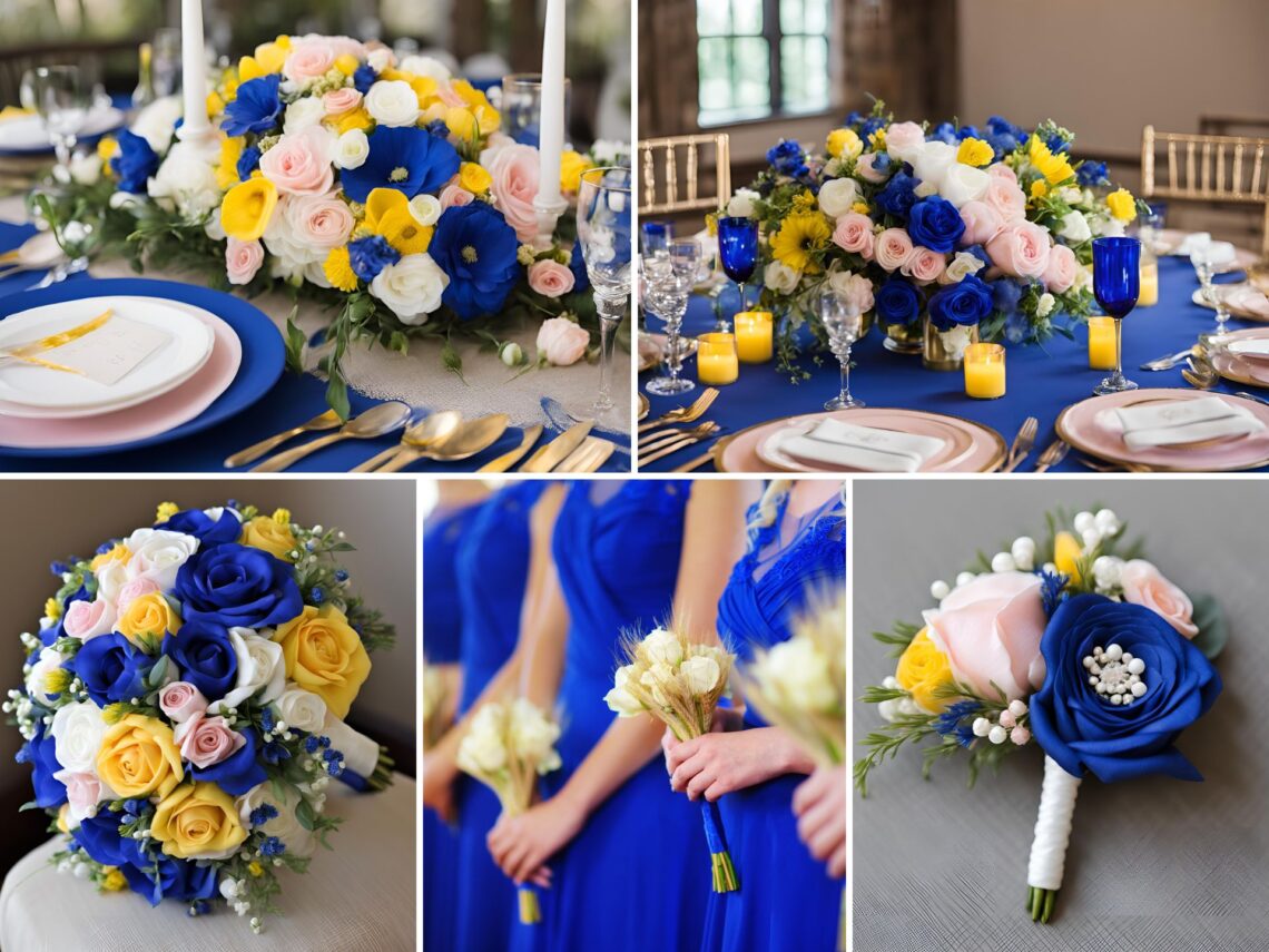 A photo collage of royal blue, yellow, light pink, and white wedding color ideas.