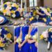 A photo collage of royal blue, yellow, light pink, and white wedding color ideas.