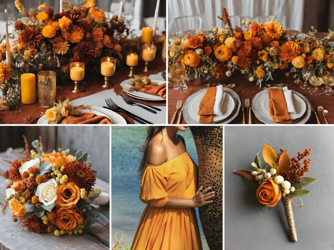 A photo collage if rust orange and yellow wedding color ideas.