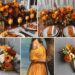 A photo collage if rust orange and yellow wedding color ideas.