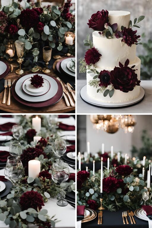 A photo collage of burgundy, black, and eucalyptus wedding color ideas.