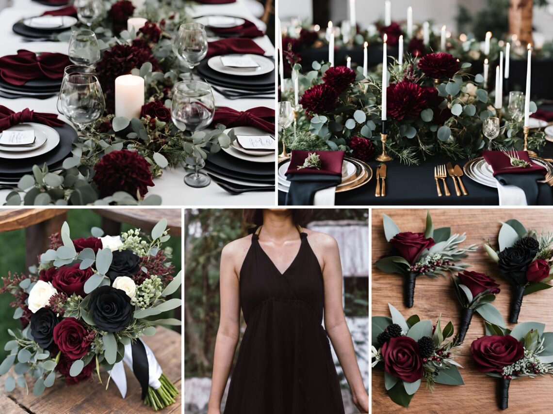 A photo collage of burgundy, black, and eucalyptus wedding color ideas.