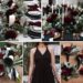 A photo collage of burgundy, black, and eucalyptus wedding color ideas.