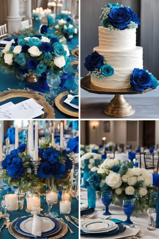 A photo collage of teal blue and royal blue wedding color ideas.