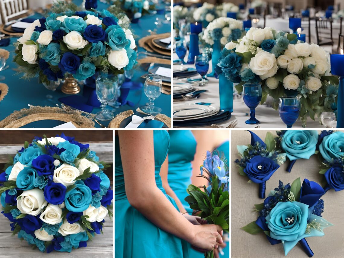 A photo collage of teal blue and royal blue wedding color ideas.