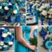 A photo collage of teal blue and royal blue wedding color ideas.