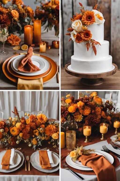 A photo collage if rust orange and yellow wedding color ideas.