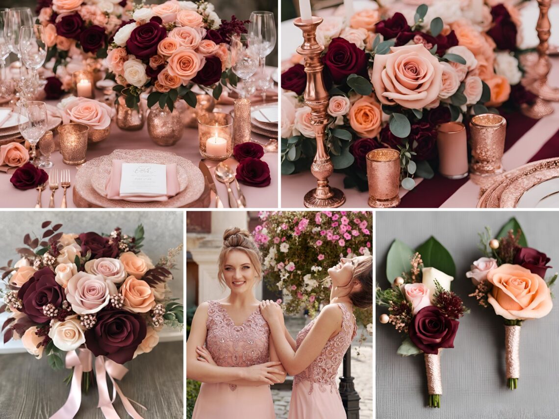 A photo collage of rose gold, peach, burgundy, and baby pink wedding color ideas.